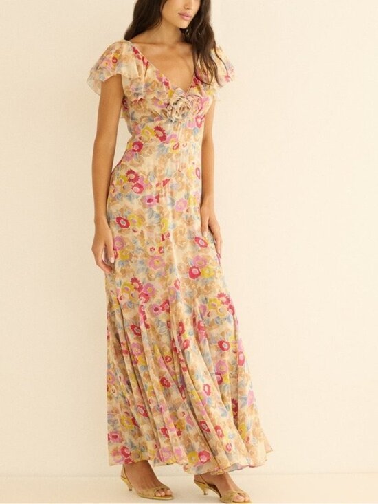 Doen Dresses & Skirts - DOEN AMÉRELLE DRESSIN JARDIN DE CAMELIAS Floral V-Neck Maxi Dress, XS